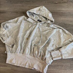 Karl Lagerfeld Paris Foiled Metallic Silver Hoodie Sweatshirt Light Size Small